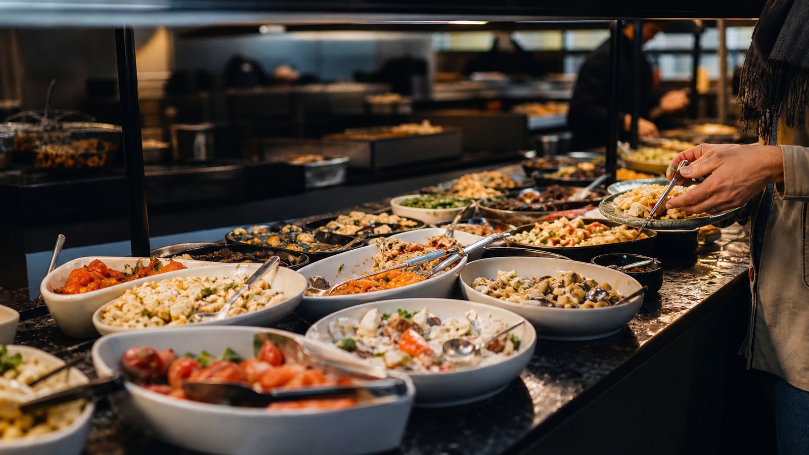 Buffet de brunch en libre service avec un repère allergènes posé devant chaque plat