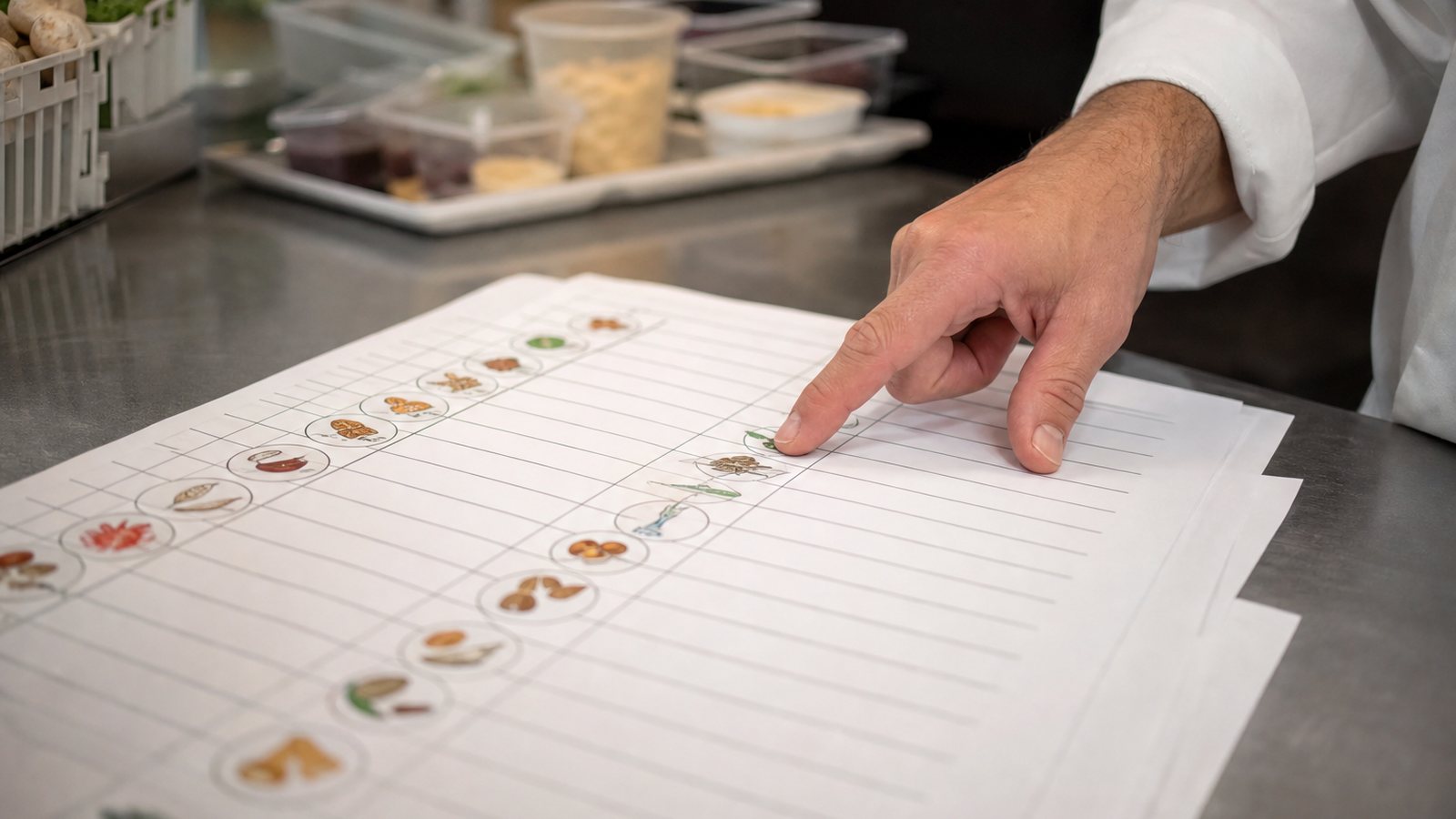 Ingrédients courants concernés par les allergènes majeurs disposés sur un plan de travail