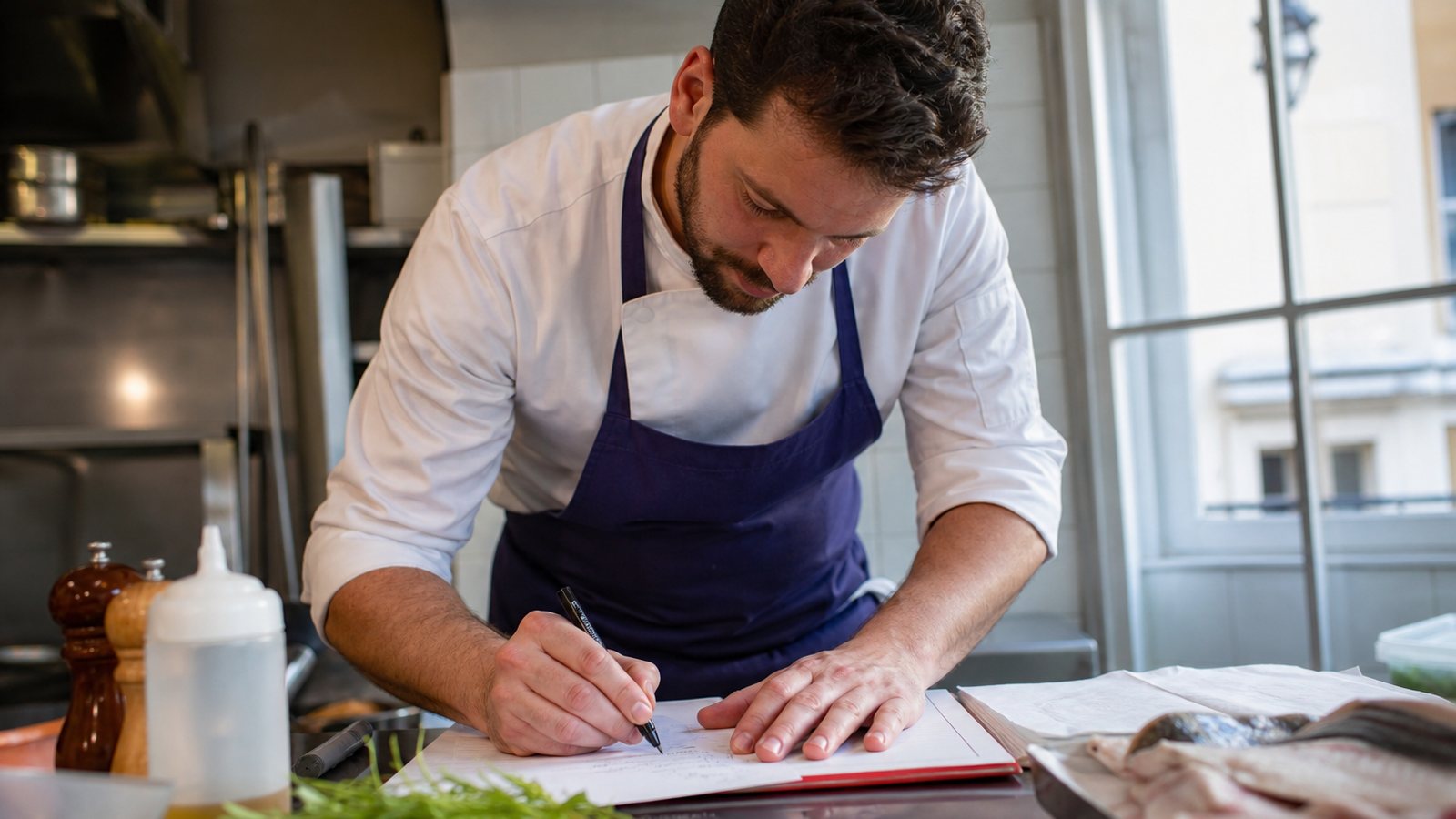 Cuisinier notant les allergènes d'une recette à partir de la liste des ingrédients